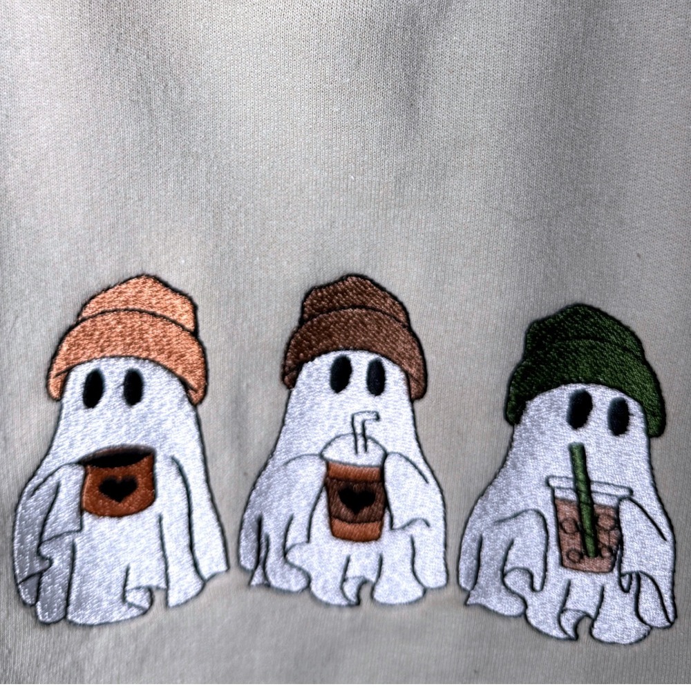 Gildan Heavy Blend Ghost Coffee Spooky Embroidered Sweatshirt Sand Beige M NWT